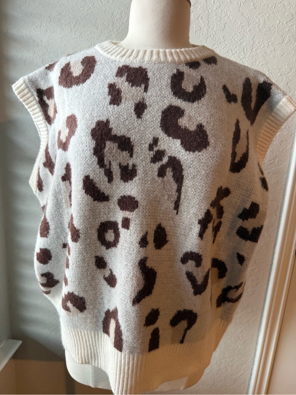 Anthropologie Cream Sweater Vest with Brown Leopard Pattern